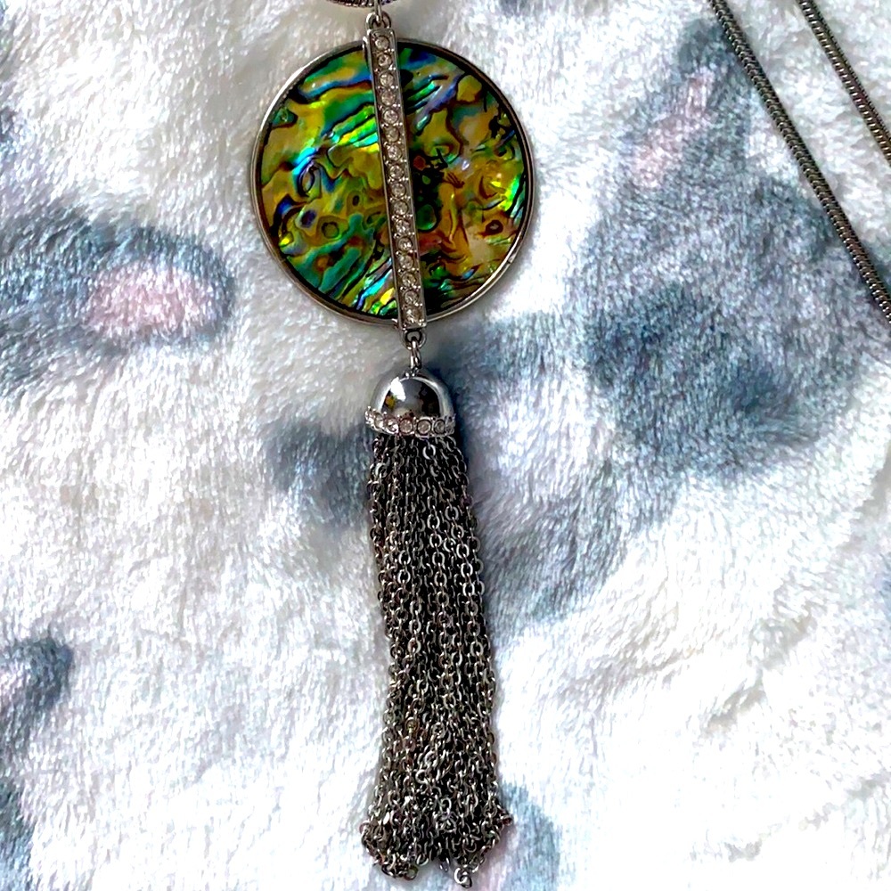 WHBM long, bold necklace with abalone, crystal and tassel pendant.